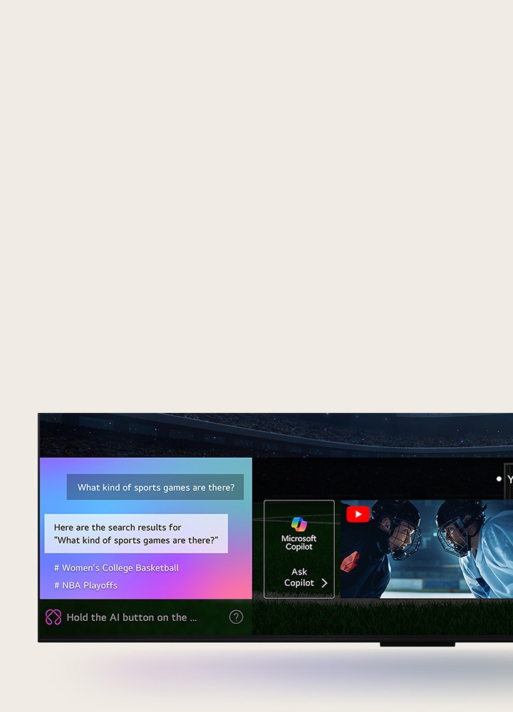Gros plan d’un écran de LG OLED TV montrant le fonctionnement de la recherche par IA, AI Search. Une petite fenêtre de chat est ouverte, montrant comment l’utilisateur a demandé les jeux de sport disponibles. La recherche par IA a répondu par chat et en montrant des vignettes des contenus disponibles. On voit aussi une invite à faire une demande à Microsoft Copilot.