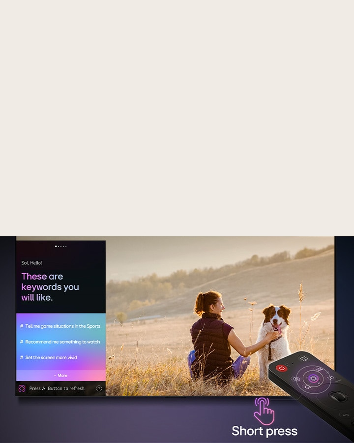 Télécommande AI Magic Remote de LG en face d’un écran de LG TV. L’écran affiche un message d’accueil personnalisé de LG AI avec des mots clés personnalisés en fonction de l’historique de recherche et de visionnage de l’utilisateur. À côté de la télécommande se trouve une icône et une étiquette montrant que la fonctionnalité AI Concierge est facilement accessible en appuyant brièvement sur le bouton IA.