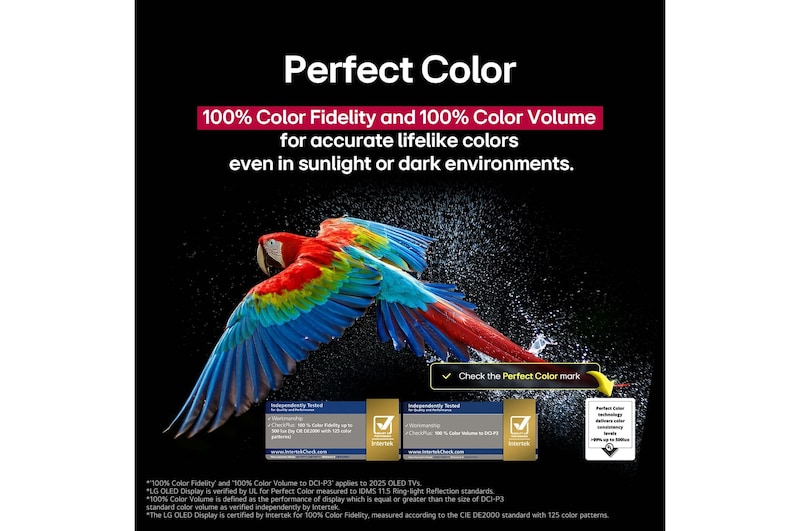 Perroquet coloré en ultra haute définition sur un fond noir. On voit des gouttes d’eau suspendues dans l’air tout autour. L’image présente la technologie Perfect Color, car chaque couleur différente du corps du perroquet est dynamique et éclatante. Différentes certifications de logo UL et Intertek sont visibles. Celles-ci font référence aux technologies 100 % de fidélité des couleurs et Volume de couleurs à 100 %. Le texte est également visible, vérifiez le logo de certification Perfect Color.