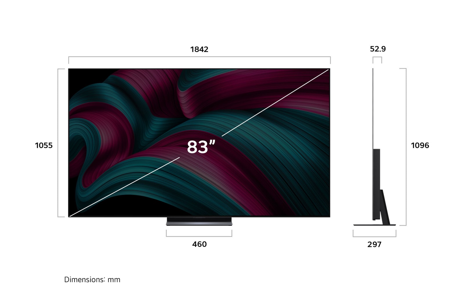 Vue avant et latérale de la Smart TV LG OLED evo AI C5 4K montrant ses dimensions de longueur, largeur, hauteur et profondeur.
