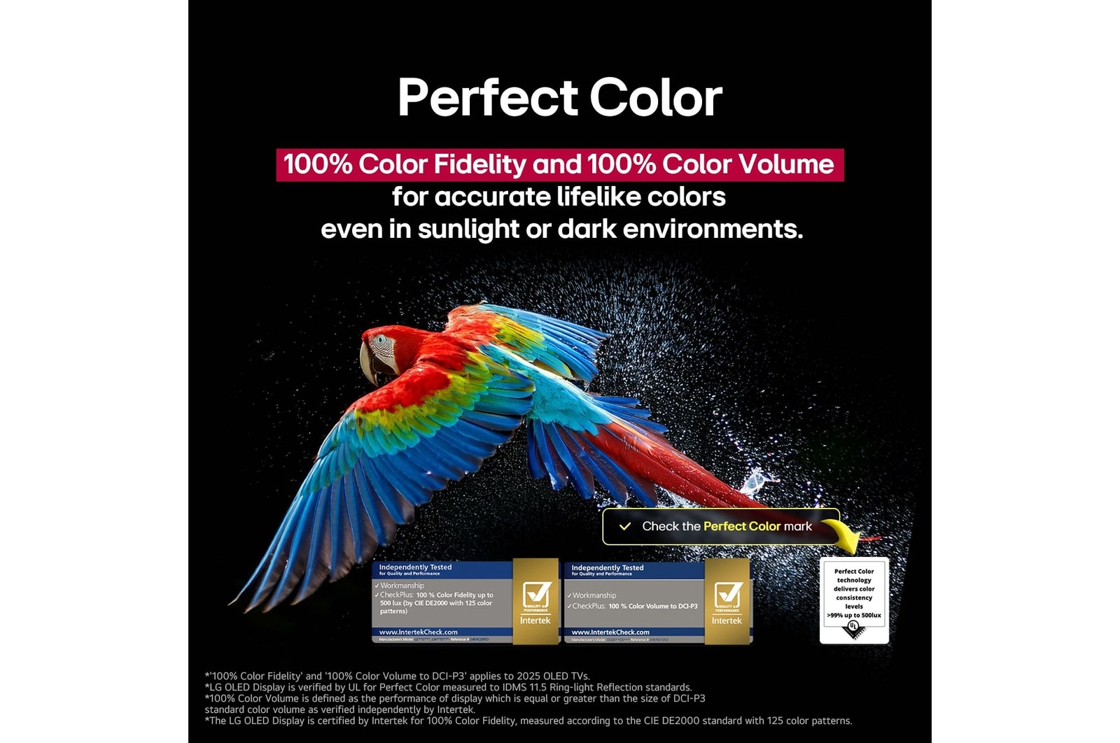 Perroquet coloré en ultra haute définition sur un fond noir. On voit des gouttes d’eau suspendues dans l’air tout autour. L’image présente la technologie Perfect Color, car chaque couleur différente du corps du perroquet est dynamique et éclatante. Différentes certifications de logo UL et Intertek sont visibles. Celles-ci font référence aux technologies 100 % de fidélité des couleurs et Volume de couleurs à 100 %. Le texte est également visible, vérifiez le logo de certification Perfect Color.