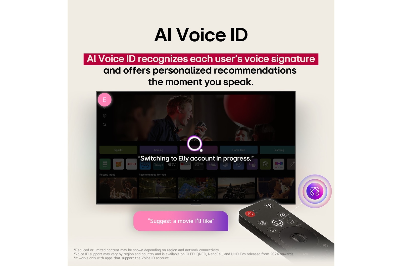 Écran LG TV avec une télécommande AI Magic Remote au premier plan. Le bouton IA est mis en surbrillance et une bulle de dialogue montre du texte : suggérez un film que j’aime. À l’écran, nous voyons l’icône utilisateur E, indiquant comment AI Voice ID a pu identifier l’utilisateur et formuler des recommandations personnalisées en fonction de sa voix. 