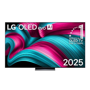 Vue avant de la Smart TV LG OLED evo AI C5 4K. L’emblème OLED numéro 1 dans le monde pendant 12 ans et le logo LG OLED evo AI 2025 sont à l’écran.