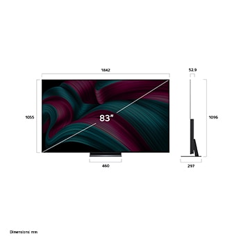 Vue avant et latérale de la Smart TV LG OLED evo AI C5 4K montrant ses dimensions de longueur, largeur, hauteur et profondeur.