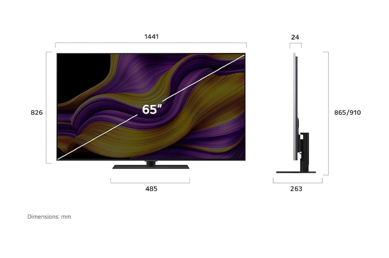 Vue avant et latérale de la Smart TV LG OLED evo AI G5 4K montrant ses dimensions de longueur, largeur, hauteur et profondeur.