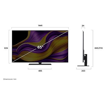 Vue avant et latérale de la Smart TV LG OLED evo AI G5 4K montrant ses dimensions de longueur, largeur, hauteur et profondeur.