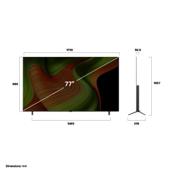 Vue avant et latérale de la Smart TV LG OLED AI B5 4K montrant ses dimensions de longueur, largeur, hauteur et profondeur.