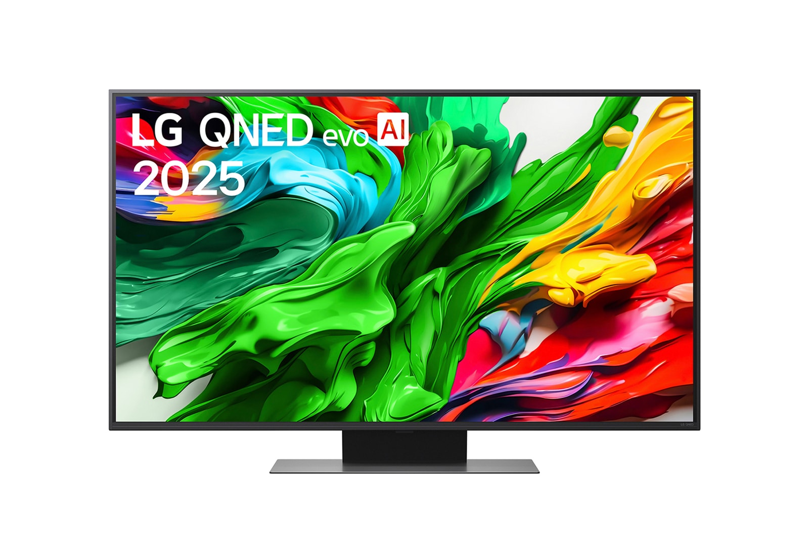 Vue avant de la TV LG QNED evo QNED85, logo LG QNED evo Al, dans le coin supérieur. La TV LG QNED evo QNED85 représente des textures colorées semblables à de la peinture, réunies.
