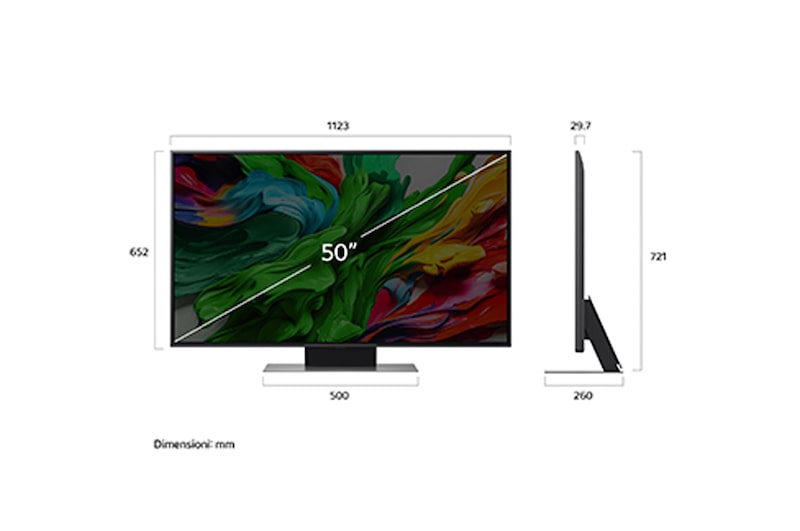 Vue avant et latérale de la Smart TV LG QNED evo AI QNED85 4K montrant ses dimensions de longueur, largeur, hauteur et profondeur.