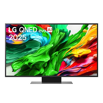 Vue avant de la TV LG QNED evo QNED85, logo LG QNED evo Al, dans le coin supérieur. La TV LG QNED evo QNED85 représente des textures colorées semblables à de la peinture, réunies.