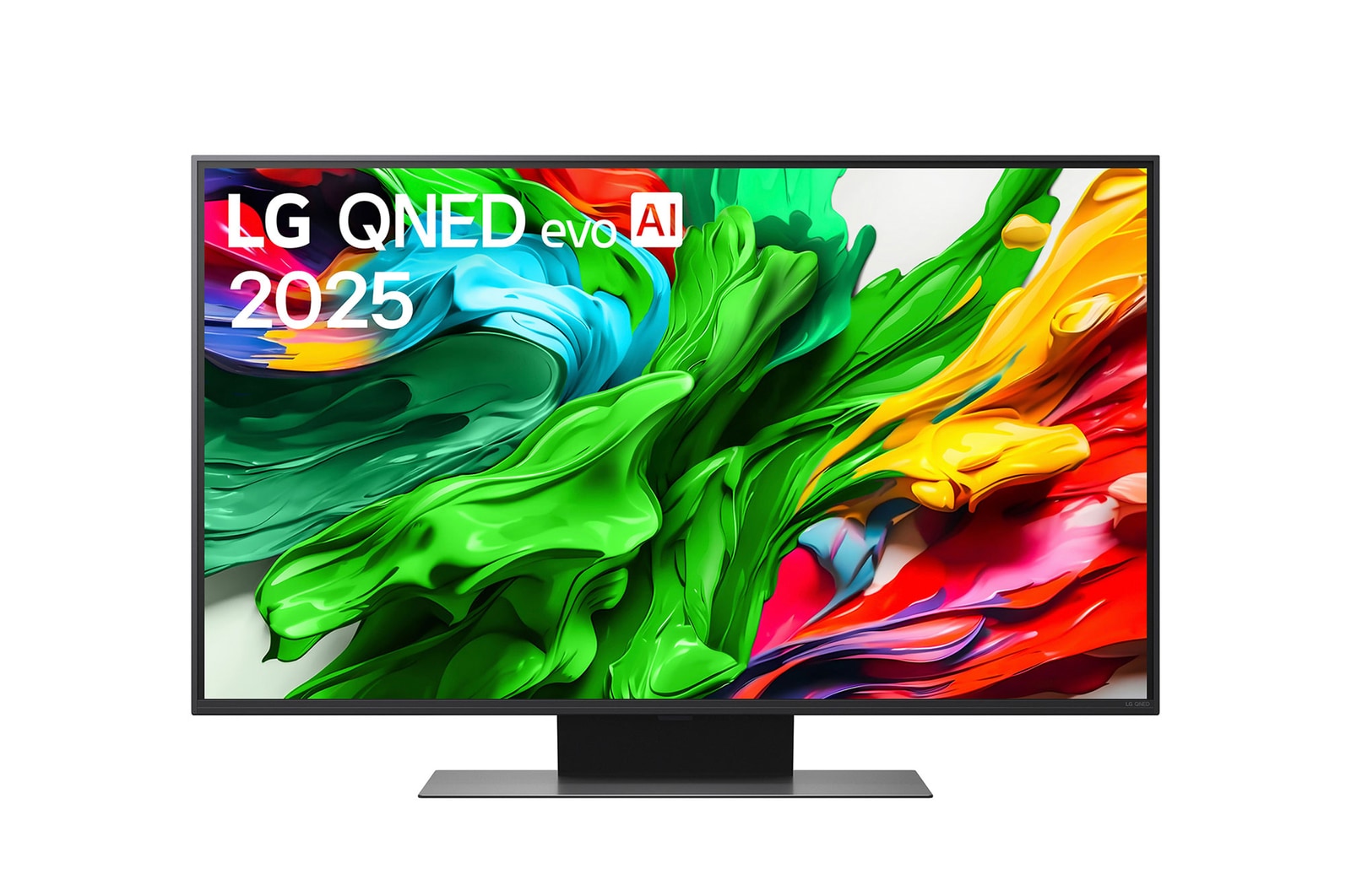 Vue avant de la TV LG QNED evo QNED85, logo LG QNED evo Al, dans le coin supérieur. La TV LG QNED evo QNED85 représente des textures colorées semblables à de la peinture, réunies.