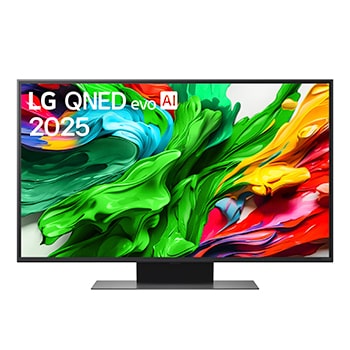 Vue avant de la TV LG QNED evo QNED85, logo LG QNED evo Al, dans le coin supérieur. La TV LG QNED evo QNED85 représente des textures colorées semblables à de la peinture, réunies.
