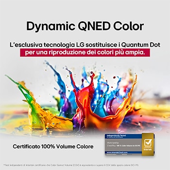 Des éclaboussures de peinture éclatent en hauteur depuis le sol dans diverses couleurs. Certification Intertrek pour un volume de couleurs à 100 % par rapport au DCI-P3. Le titre parle de la nouvelle technologie de gamme de couleurs élargie unique de LG, qui vous permet de profiter de couleurs éclatantes à l’écran.