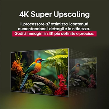 Un perroquet sur une branche d’arbre dans des couleurs éclatantes. Le titre évoque la façon dont LG Al Picture Pro a apporté des améliorations visuelles impressionnantes à la résolution, la luminosité, la profondeur et la clarté de la scène.