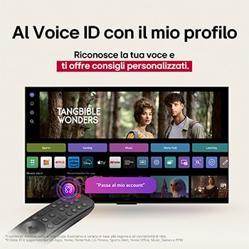 Écran LG TV avec une télécommande AI Magic Remote au premier plan. Le bouton IA est mis en surbrillance et une bulle de dialogue montre du texte : suggérez un film que j’aime. À l’écran, nous voyons l’icône utilisateur E, indiquant comment AI Voice ID a pu identifier l’utilisateur et formuler des recommandations personnalisées en fonction de sa voix.