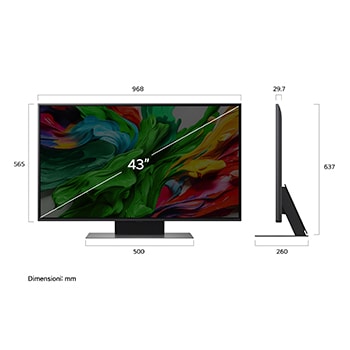 Vue avant et latérale de la Smart TV LG QNED evo AI QNED85 4K montrant ses dimensions de longueur, largeur, hauteur et profondeur.