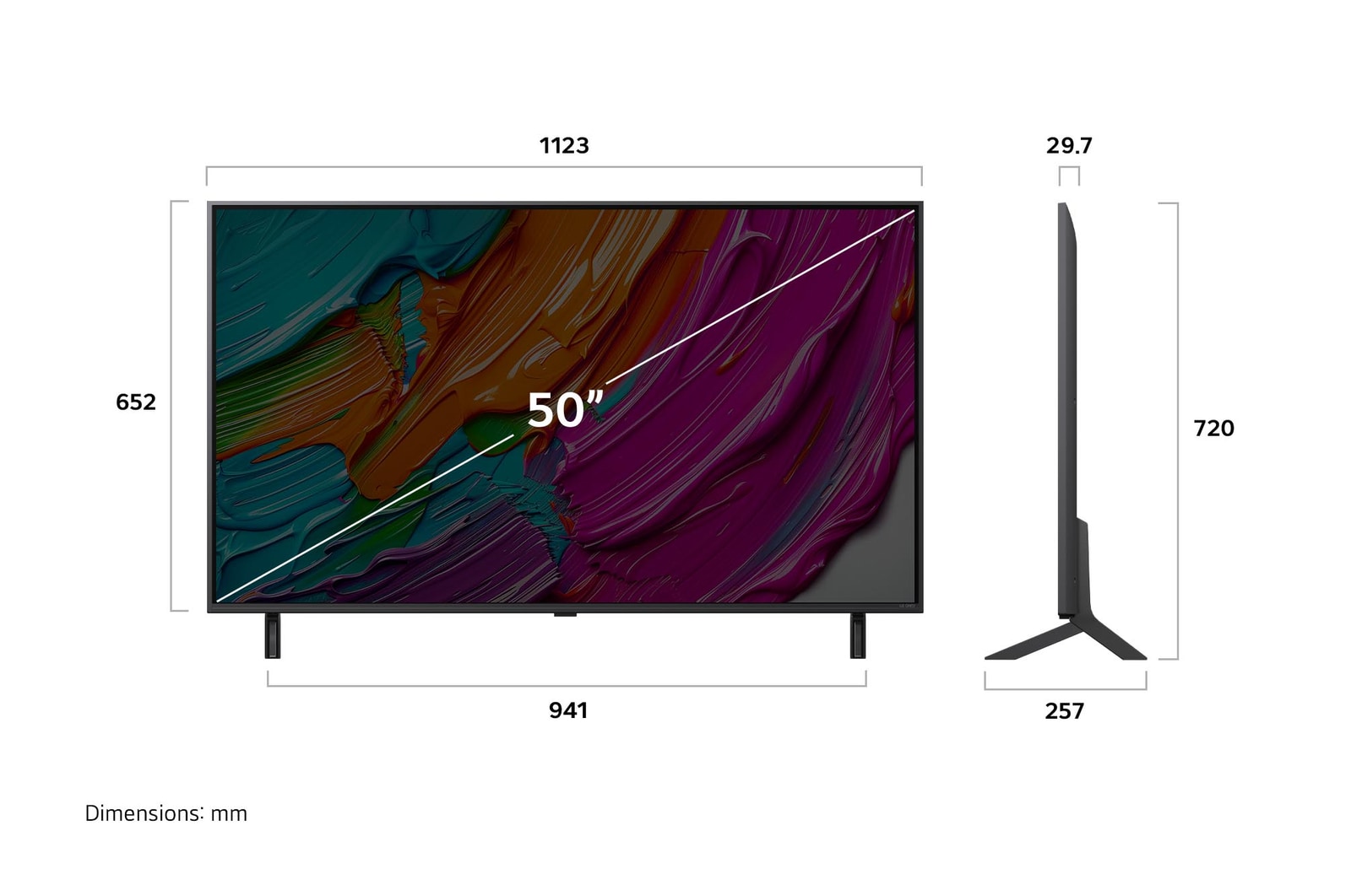 Vue avant et latérale de la Smart TV LG QNED AI QNED80 4K montrant ses dimensions de longueur, largeur, hauteur et profondeur.
