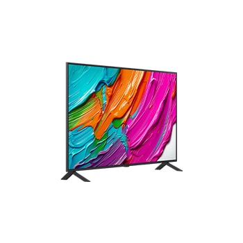 Vue avant et latérale de la Smart TV LG QNED AI QNED80 4K montrant ses dimensions de longueur, largeur, hauteur et profondeur.