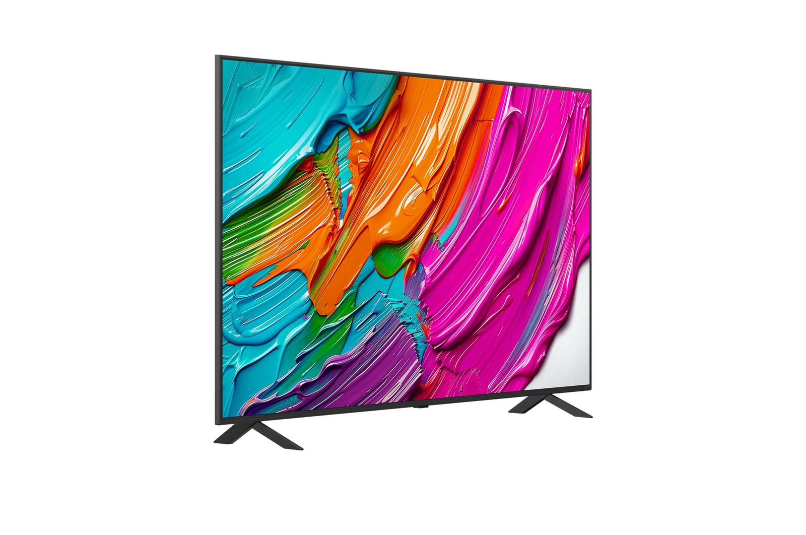 Vue avant et latérale de la Smart TV LG QNED AI QNED80 4K montrant ses dimensions de longueur, largeur, hauteur et profondeur.