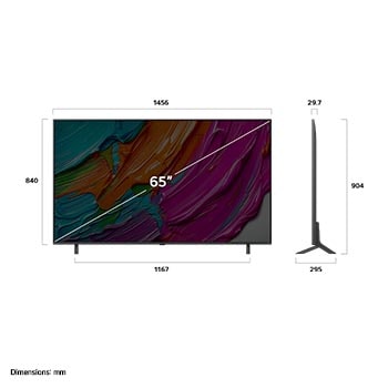 Vue avant et latérale de la Smart TV LG QNED AI QNED80 4K montrant ses dimensions de longueur, largeur, hauteur et profondeur.