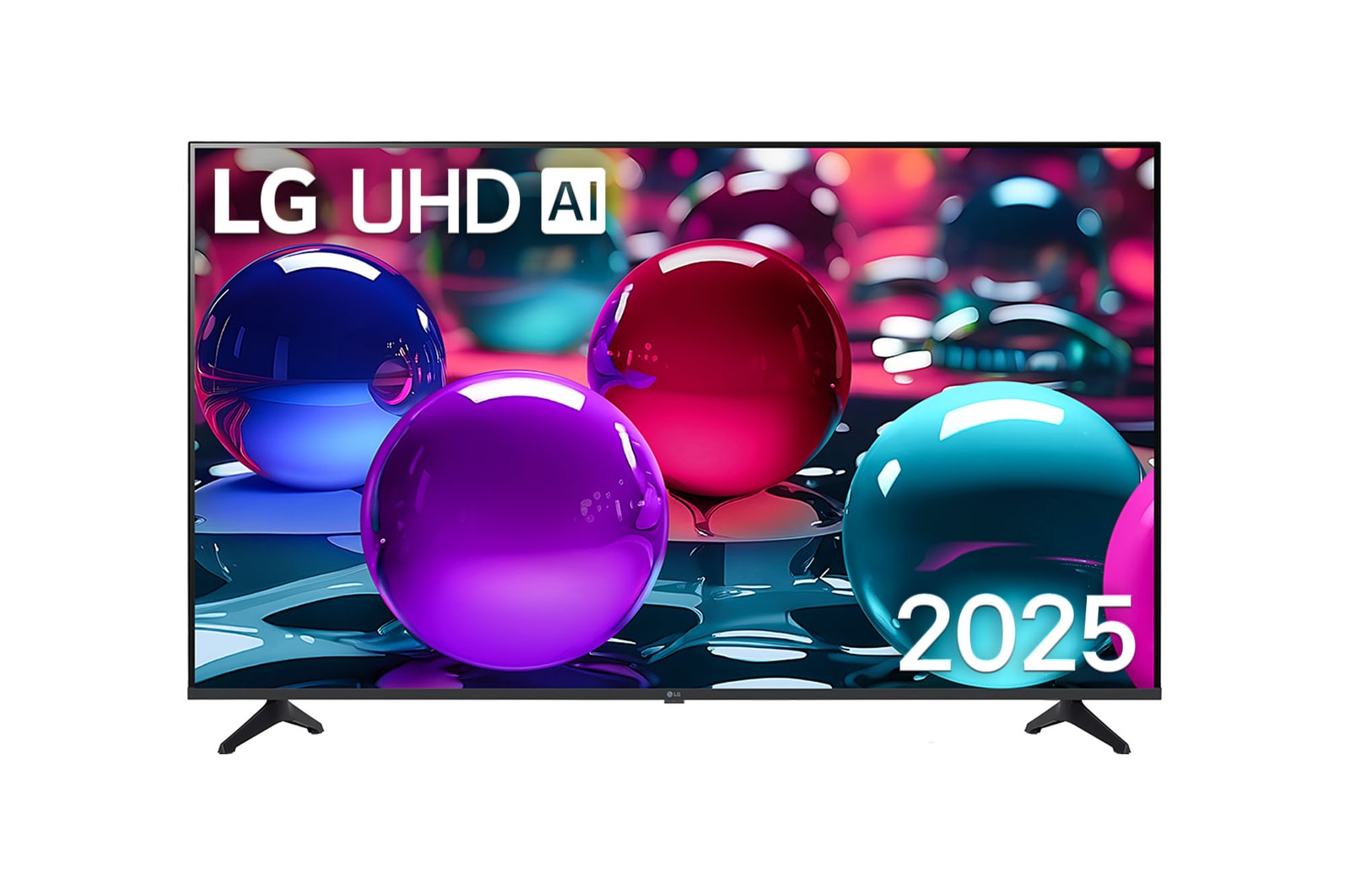 Vue avant d’une TV UHD UA73, logo LG UHD Al dans le coin supérieur. La LG UHD TV représente des textures colorées semblables à de la peinture, réunies.