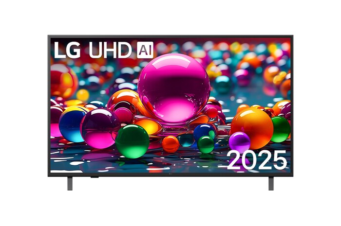 Vue avant d’une TV UHD UA75, logo LG UHD Al dans le coin supérieur. La LG UHD TV représente des textures colorées semblables à de la peinture, réunies.