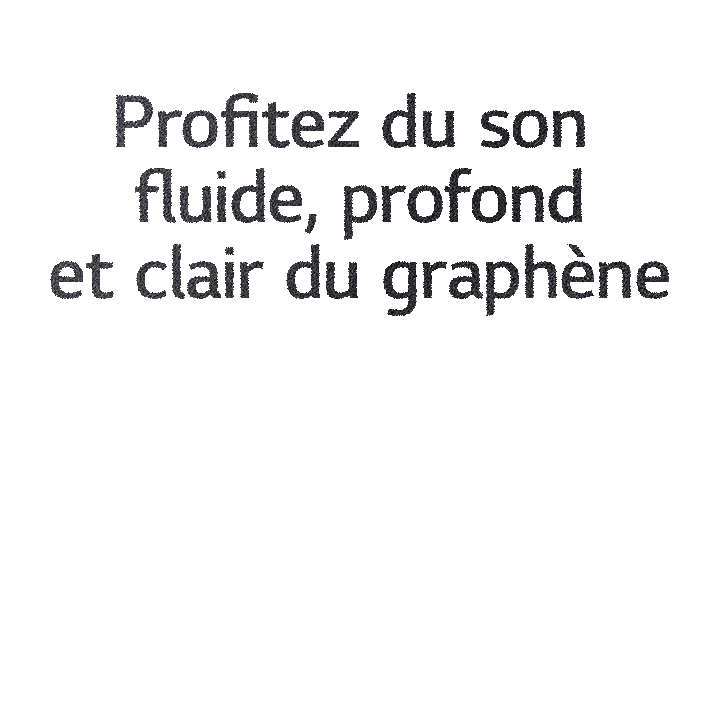 L’image montre un motif hexagonal sur un fond noir. Tandis que vous faites défiler la page, un texte dit : « Profitez du son fluide, profond et clair du graphène. »