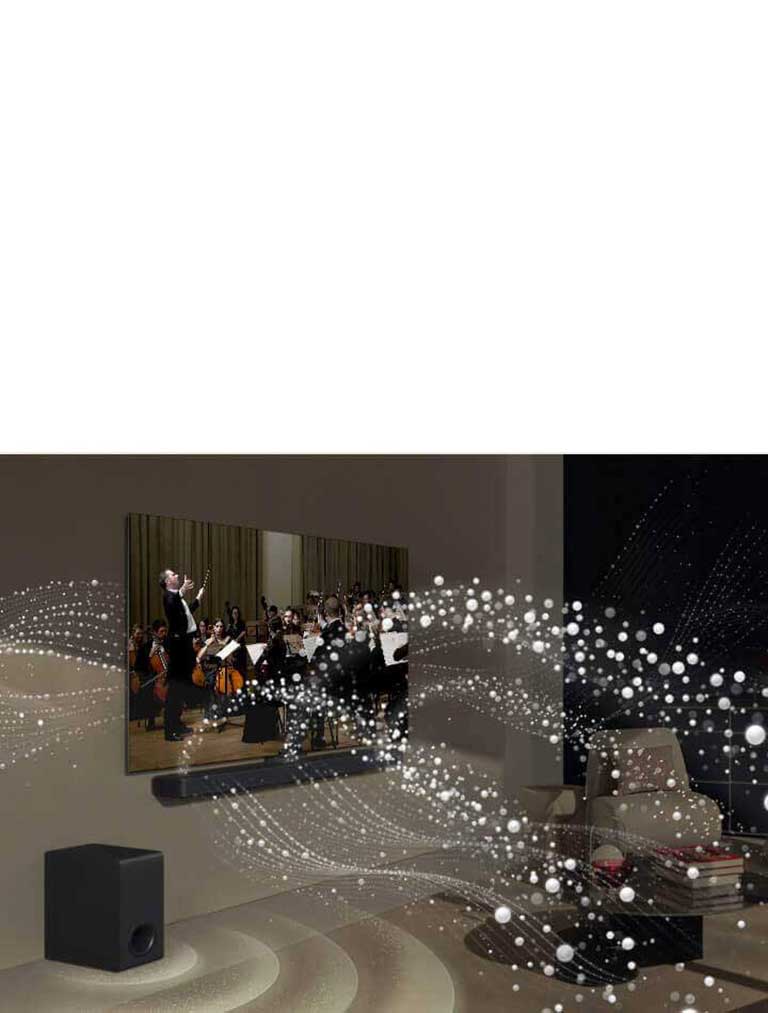 La LG Soundbar, la LG TV et un caisson de basse dans un salon diffusant un concert. Des vagues de son partent de la Soundbar vers le haut et vers l'avant et sont projetées par la TV. Un caisson de basse crée un effet sonore depuis la base.
