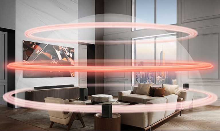 La LG Soundbar et la LG TV dans un appartement urbain. Trois bandes rouges apparaissent, représentant des couches virtuelles, et créent un dôme sonore.