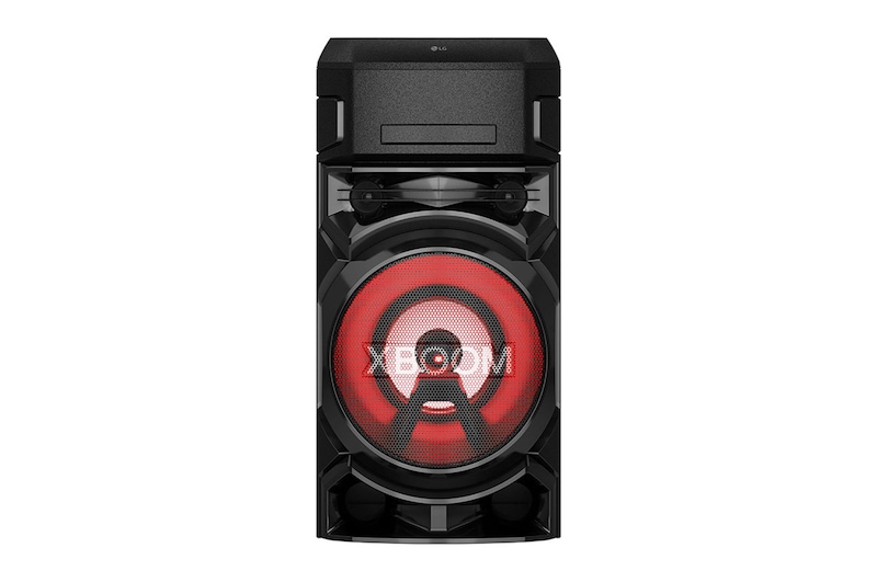 Vue avant de LG XBOOM|Système High Power|Bluetooth|Lecteur CD|Boomer 8’’ | Lumières multicolores |Fonctions DJ & Karaoké ON5