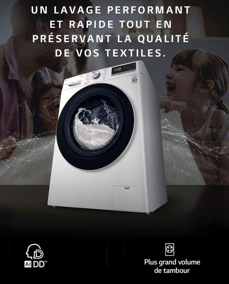 Lave-linge de profile avec un homme et ses filles en fond