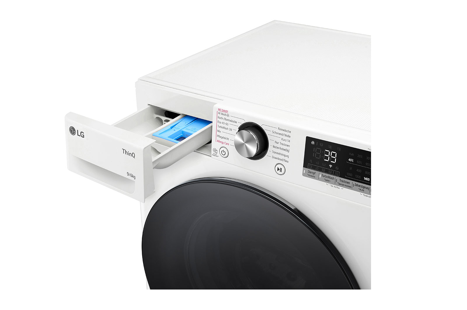 LG Lave-linge/sèche-linge avec 1.400 tpm. | Classe d'efficacité énergétique D/A | 9 kg lavage | 6 kg séchage | Blanc avec anneau hublot noir | W4WR7096Y, W4WR7096Y