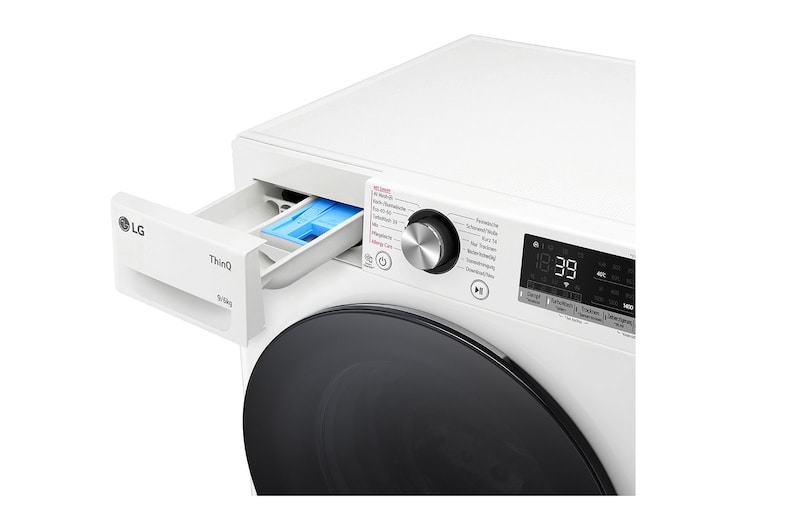 LG Lave-linge/sèche-linge avec 1.400 tpm. | Classe d'efficacité énergétique D/A | 9 kg lavage | 6 kg séchage | Blanc avec anneau hublot noir | W4WR7096Y, W4WR7096Y