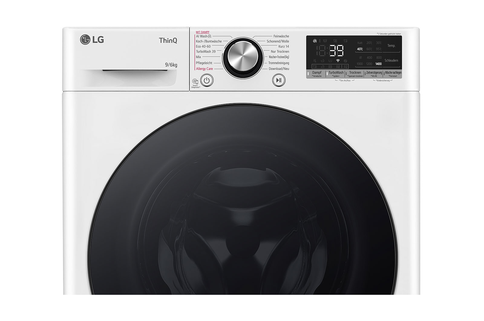 LG Lave-linge/sèche-linge avec 1.400 tpm. | Classe d'efficacité énergétique D/A | 9 kg lavage | 6 kg séchage | Blanc avec anneau hublot noir | W4WR7096Y, W4WR7096Y