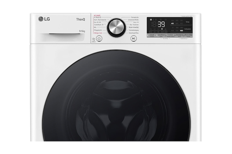 LG Lave-linge/sèche-linge avec 1.400 tpm. | Classe d'efficacité énergétique D/A | 9 kg lavage | 6 kg séchage | Blanc avec anneau hublot noir | W4WR7096Y, W4WR7096Y