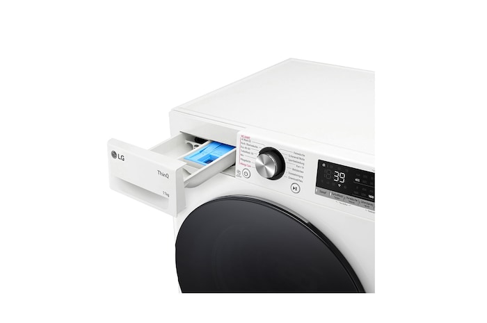 LG Lave-linge d'une capacité de 11 kg | EEK A | 1.400 tr/min. | Blanc avec anneau hublot noir | F4WR701Y, F4WR701Y