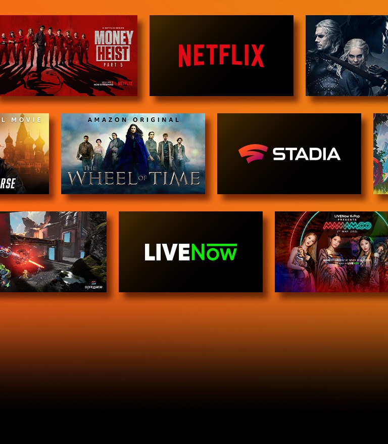 Les logos de plateformes de services de streaming et les séquences correspondantes se trouvent juste à côté de chaque logo. Logo Netflix et La Casa de Papel et The Witcher Logo Disney et Boba Fett. Logo Stadia et Journey to the Savage Planet et The Legend of Heroes: Trails of Cold Steel III. Logo Prime Video et Sans aucun remords et La roue du temps. Logo Livenow et image teaser de Mamamoo et image teaser de OneUs. Logo NVIDIA Geforce Now et images de jeu de Cyberpunk 2077 et Splitgate. Logo Apple TV plus et Foundation et Finch. 
