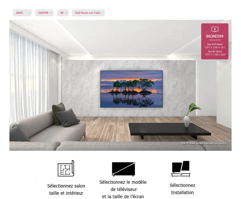 Ein grosser Flachbildfernseher, montiert an einer grauen Wand, umgeben von modernen grauen und schwarzen Einrichtungsgegenständen. Der Bildschirm zeigt drei Bäume, die sich bei Sonnenuntergang im Wasser spiegeln.