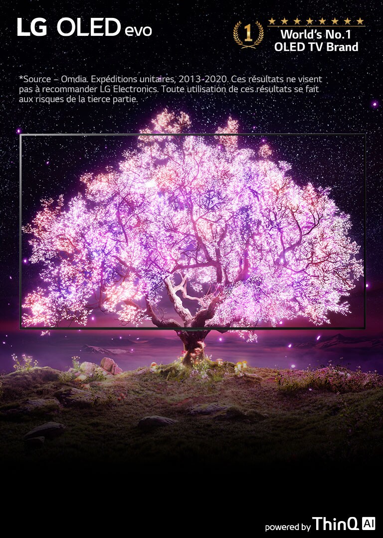 Bild eines großen, rosa beleuchteten Baumes vor einem dunklen, sternenübersäten Hintergrund. Der Baum ist von TV-Rahmen umgeben, was auf die lebensechte Bildqualität der OLED TVs hinweist.