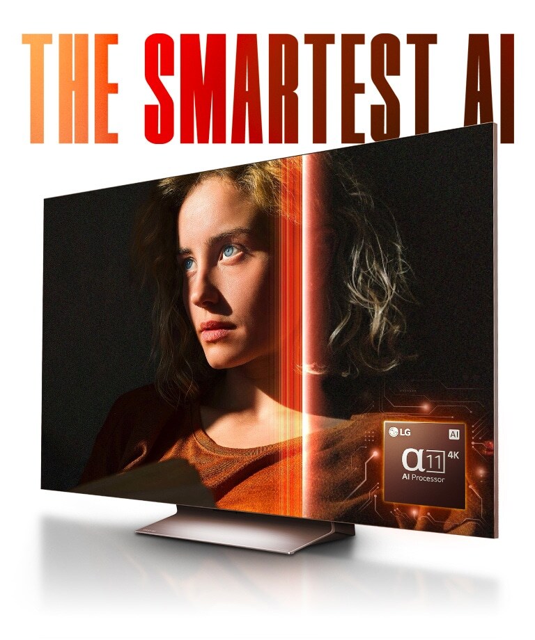 Les mots « L’AI LA PLUS INTELLIGENTE » sur un motif en dégradé de rouge figurent au-dessus d’une LG TV représentant le visage d’une femme. Des lumières rouge vif dessinent la silhouette d’une femme et traversent l’écran, offrant ainsi une image plus lumineuse. Un schéma de processeur alpha 11 AI de LG figure en bas à droite.