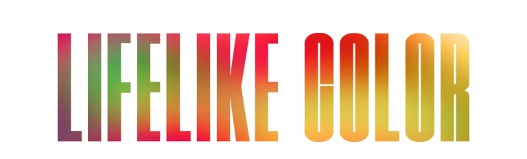 Les mots « COULEURS RÉALISTES » selon un motif au dégradé multicolore. 