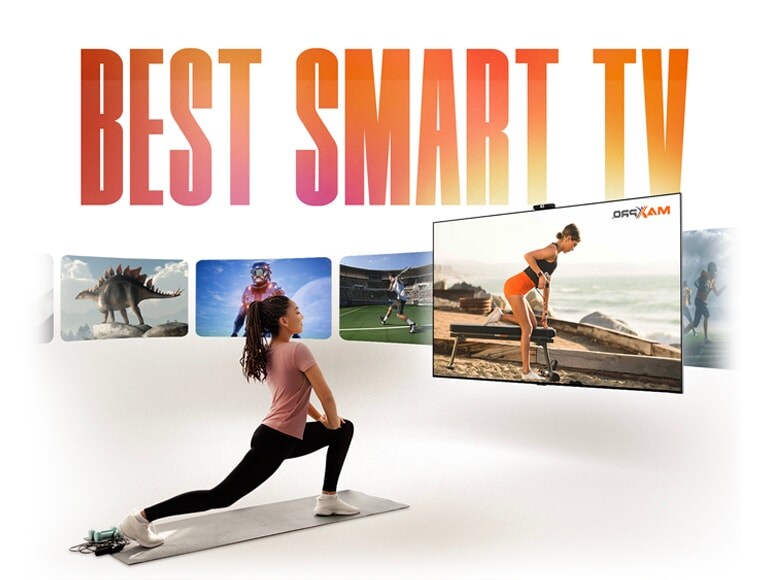 Les mots « LA MEILLEURE SMART TV » sur un motif en dégradé de couleurs orangé-jaune au-dessus d’une femme faisant de l’exercice sur un tapis en face d’une LG TV. Une variété d’autres chaînes sont affichées à côté d’une LG TV dans des graphismes rectangulaires arrondis. 