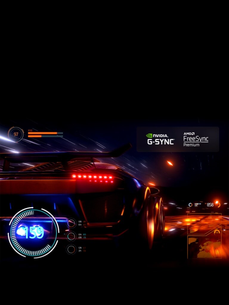 Une scène floue d’une voiture roulant vite dans un jeu de course, le dessin d’un compteur se superposant à cette dernière. Au fur et à mesure que la vitesse augmente, la scène se réajuste pour devenir plus nette et plus précise et le logo NVIDIA G-SYNC et les logos FreeSync Premium apparaissent dans le coin supérieur droit.