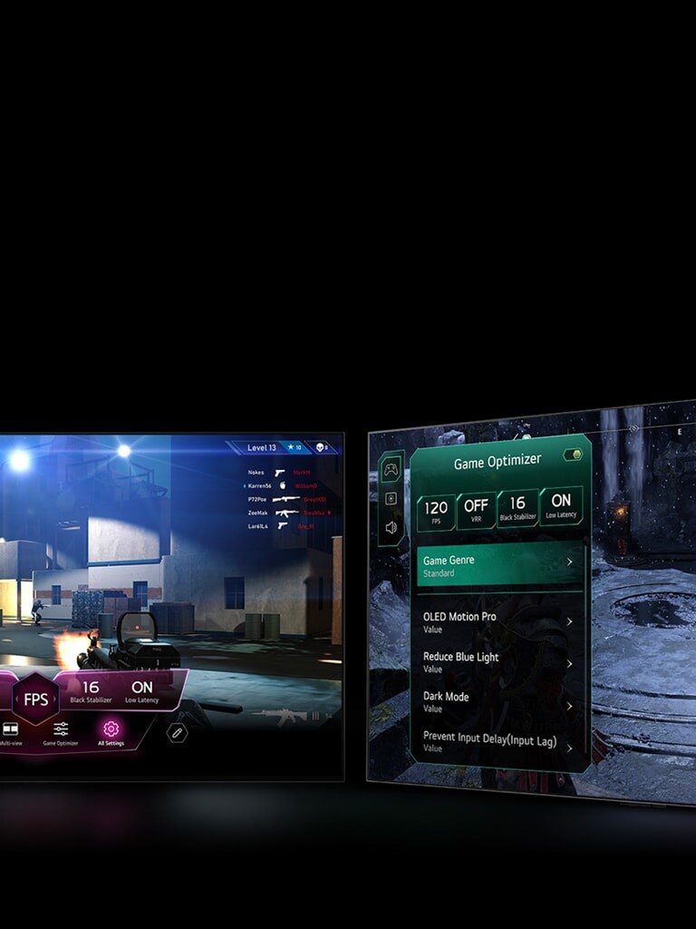Deux LG TV affichent des caractéristiques de jeu. Le moniteur gauche affiche le tableau de bord de jeu Game Dashboard et le moniteur droit montre l’optimiseur de jeu Game Optimizer, tous deux en haut du jeu.