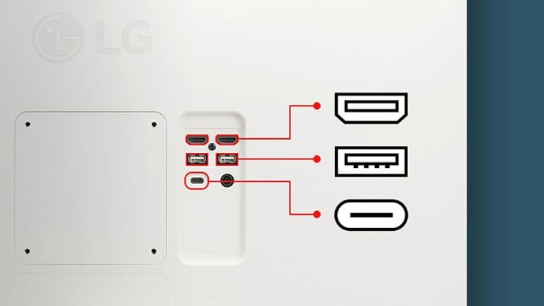 La vue rapprochée montre l’arrière de l’écran du moniteur avec ses deux ports HDMI, deux ports USB et un port USB Type-C.