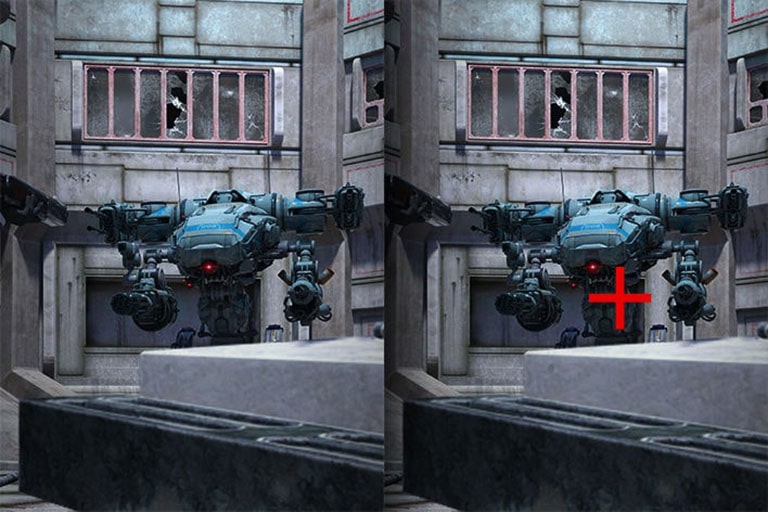 Comparaison du Crosshair - L’image de gauche présente le Crosshair « désactivé » et l’image de droite le Crosshair « activé »