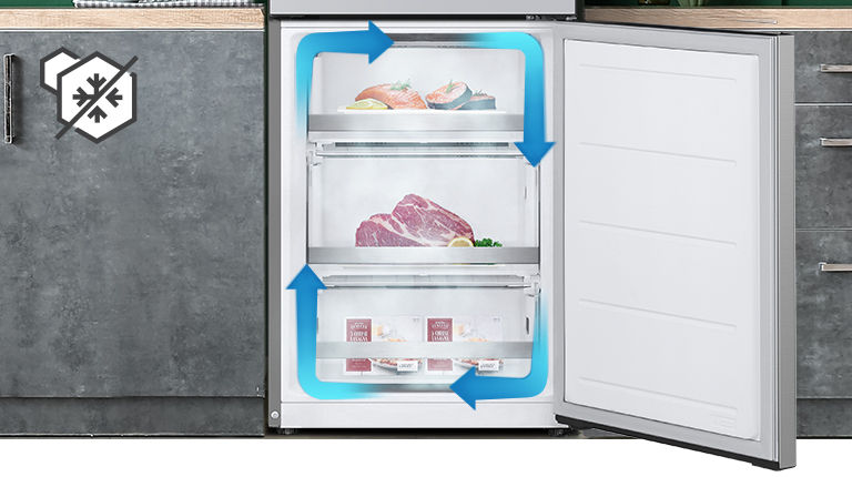 Congélateur sans givre avec refroidissement uniforme et circulation d'air froid pour garder les aliments frais dans tous les coins.