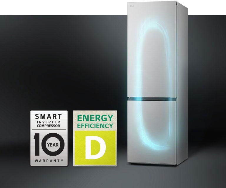 Réfrigérateur LG avec éclairage bleu, compresseur Smart Inverter et étiquette d'efficacité énergétique D.