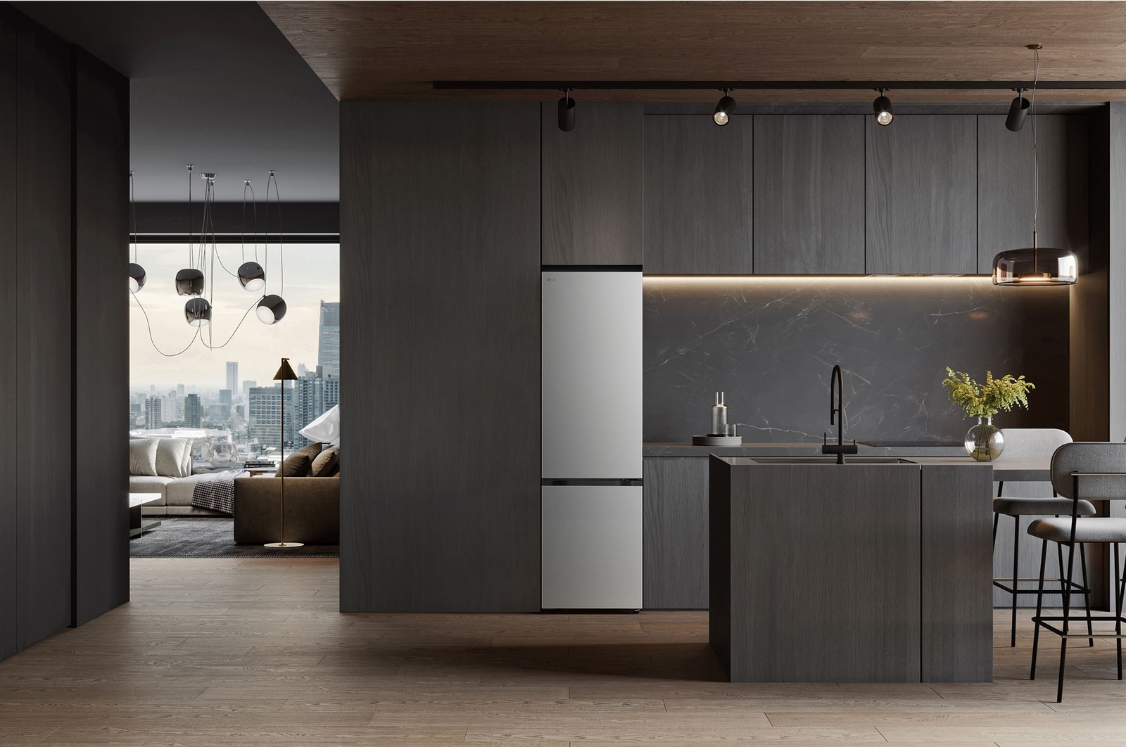 Réfrigérateur congélateur LG (gbbs726cpy) intégré dans une armoire marron foncé avec fenêtre et canapé à gauche et évier à droite