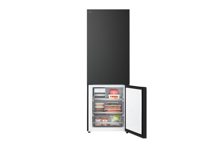 Congélateur bas LG installé encastré dans un grand mur beige chaud, avec des flèches blanches pointant vers les surfaces supérieure, latérale et avant du réfrigérateur.